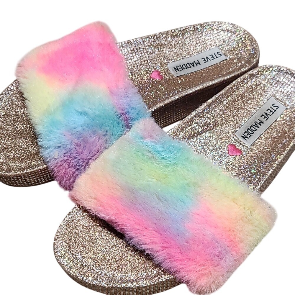 Steve Madden Platform Slide Sandals Faux Fur Rainbow Glitter Y2K Girls